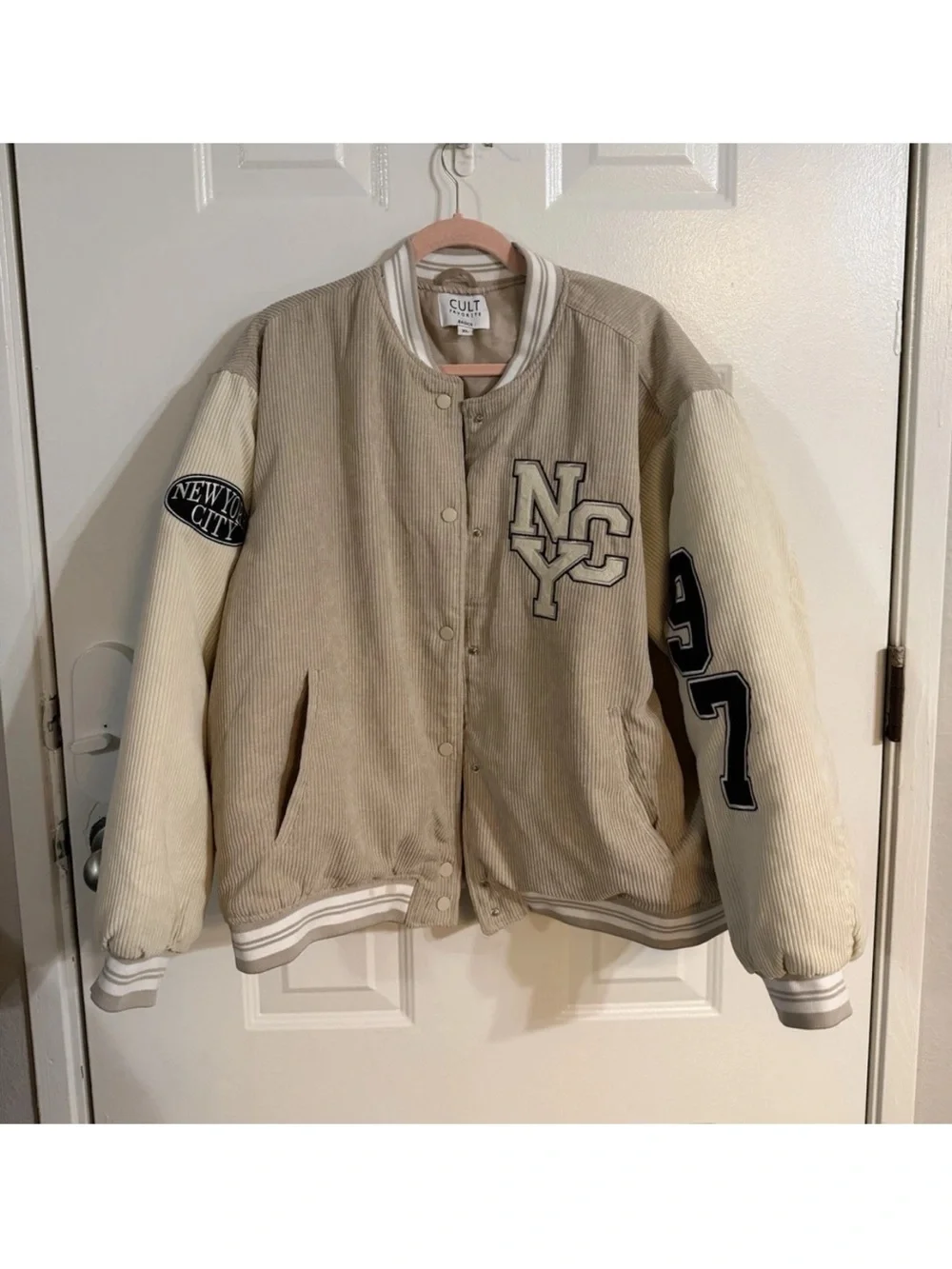Corduroy Varsity Jacket in Beige & Cream with NYC Patch